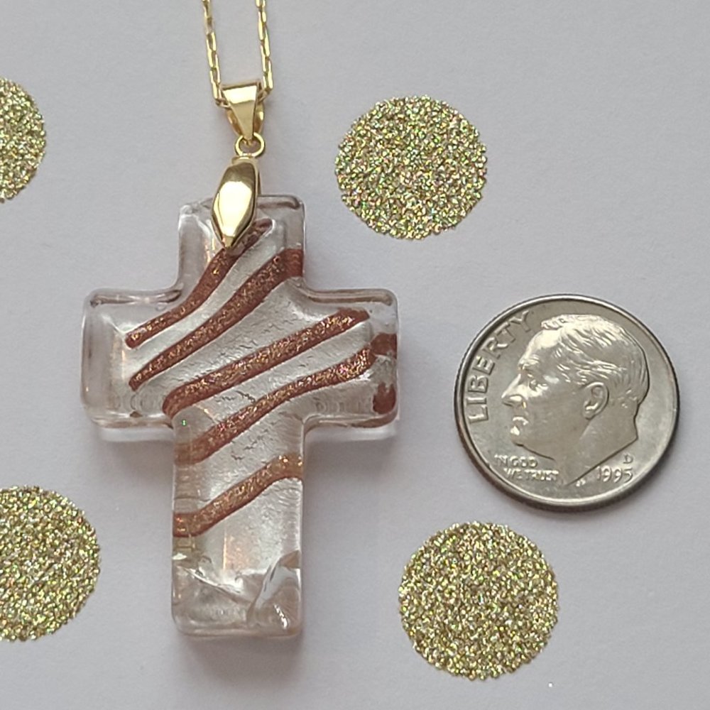 Glass Cross with Silver-Foil and Copper-Colored Stripes on a Gold Chain
